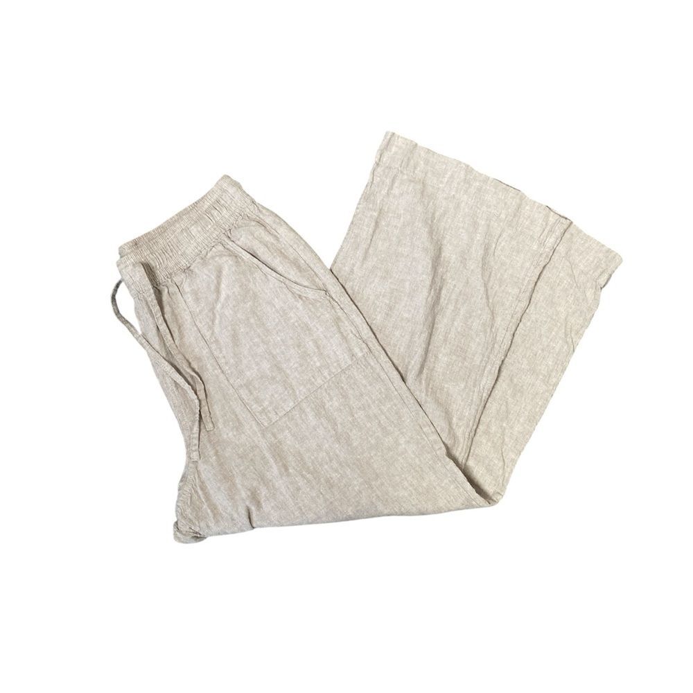 Cynthia Rowley 100% Linen Wide Leg Pants Beige Boho Coastal Elastic Waist Large